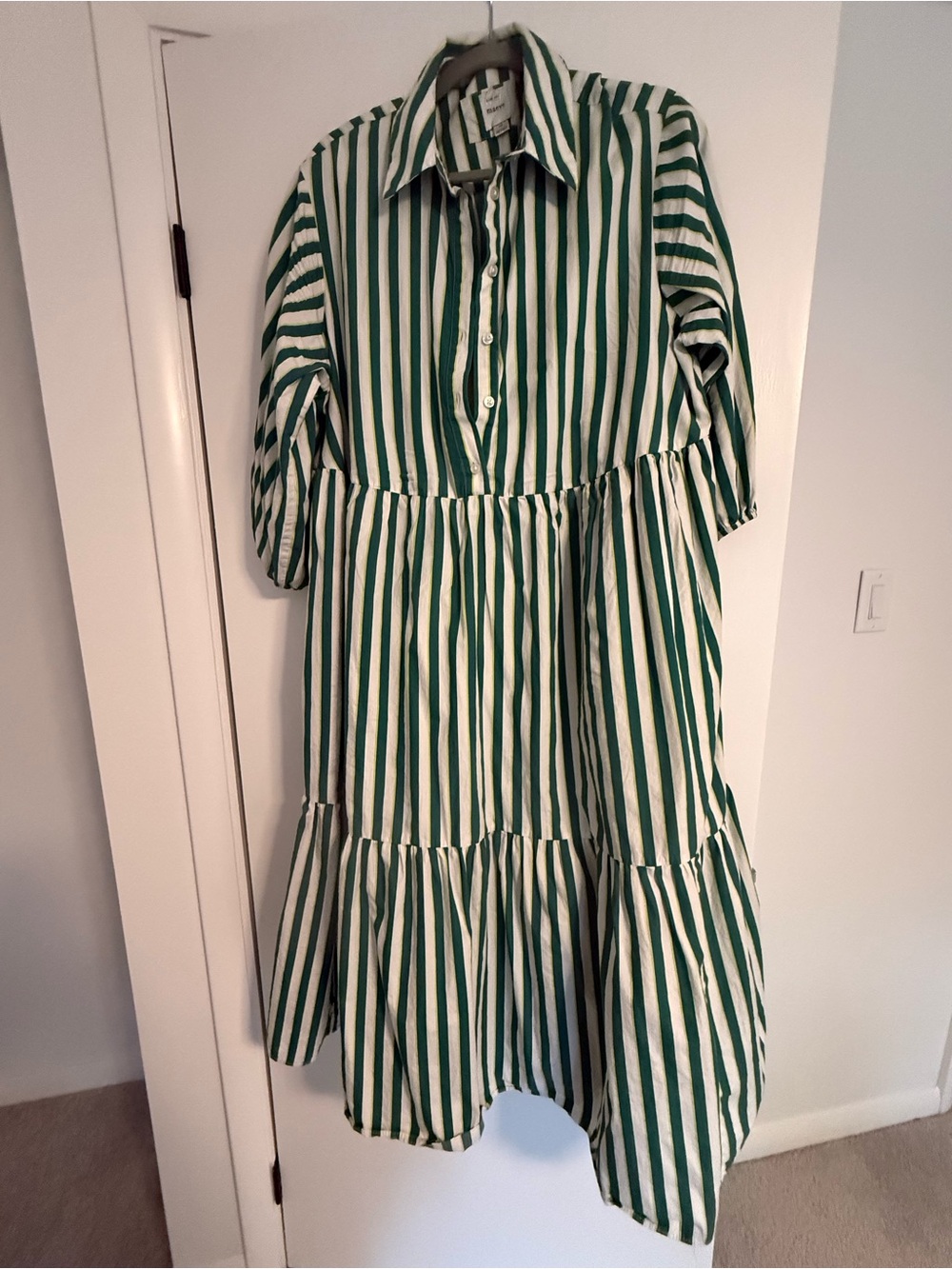 Maeve Green and White Striped Midi Shirt Dress